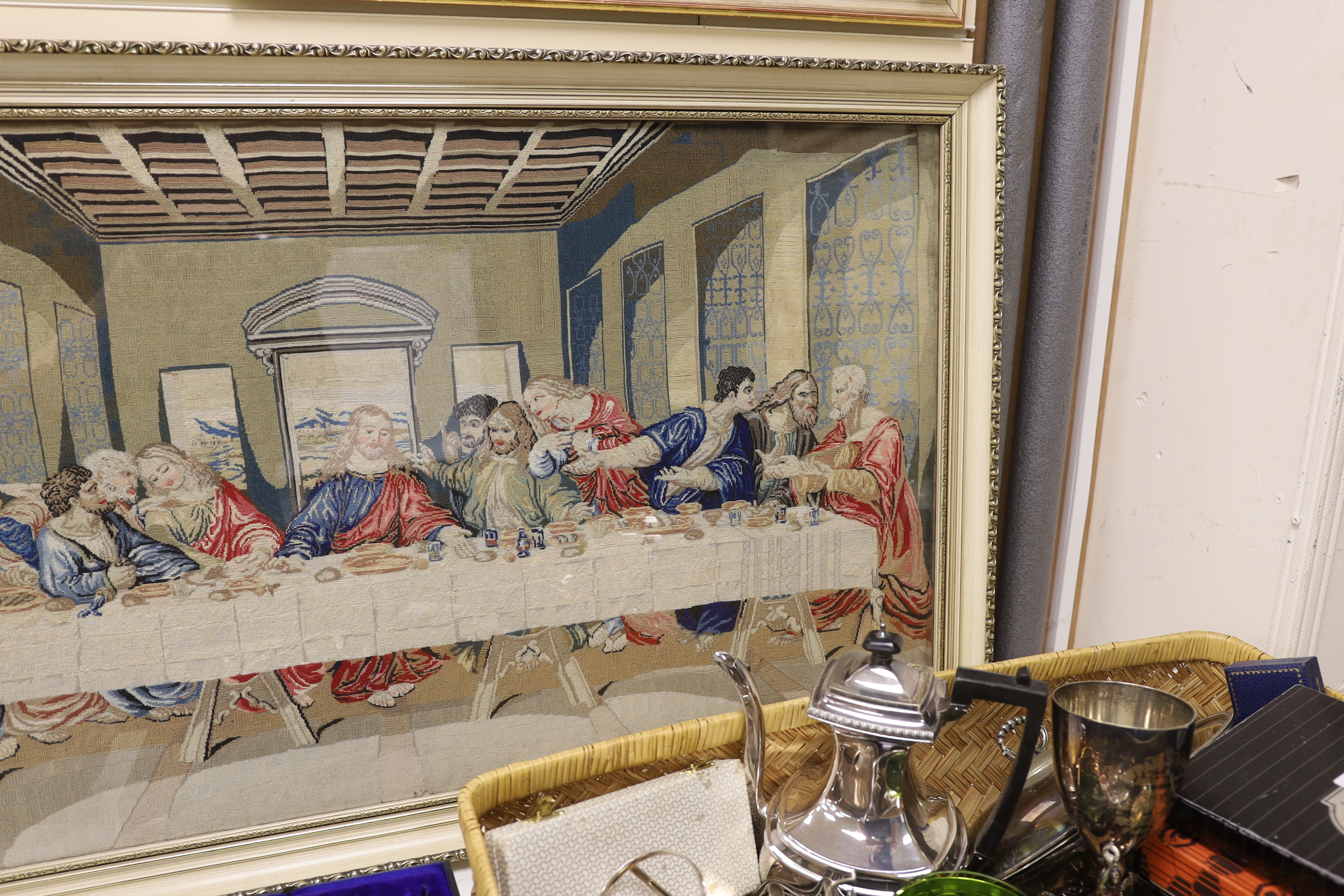 A 20th century fine petit point embroidery of 'The Last Supper', based on Leonardo Da Vinci’s oil painting, 97cm wide, 51cm high